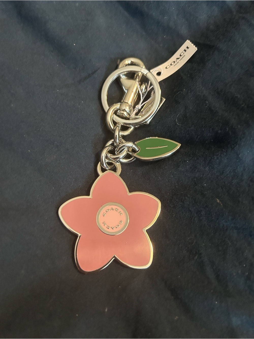 Coach Pink Flower Key chain with Green Leaf Accent